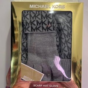 New michael kors scarf glove hat beanie set grey new gift